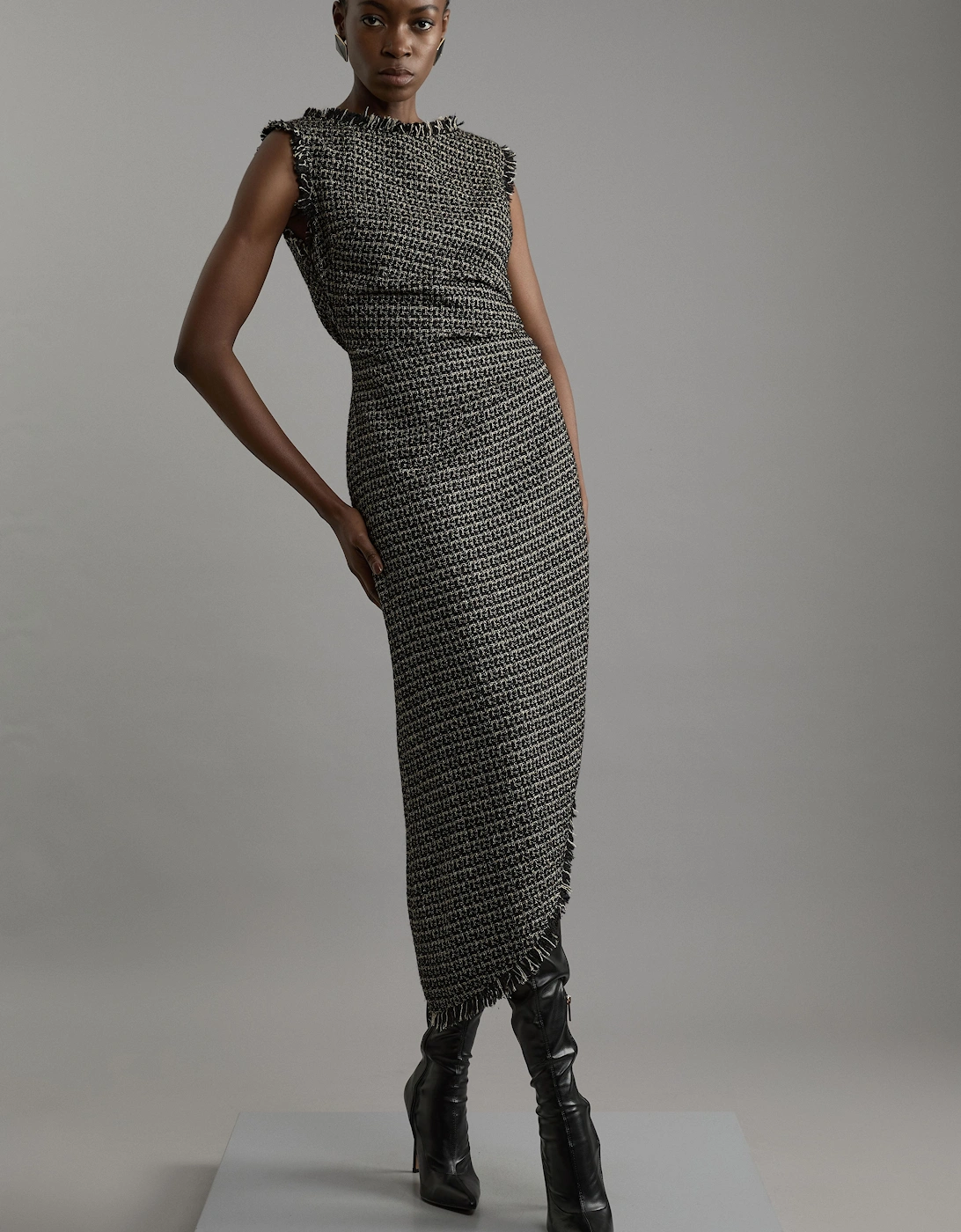 Metallic Boucle Tailored Ruched Midi Dress, 2 of 1