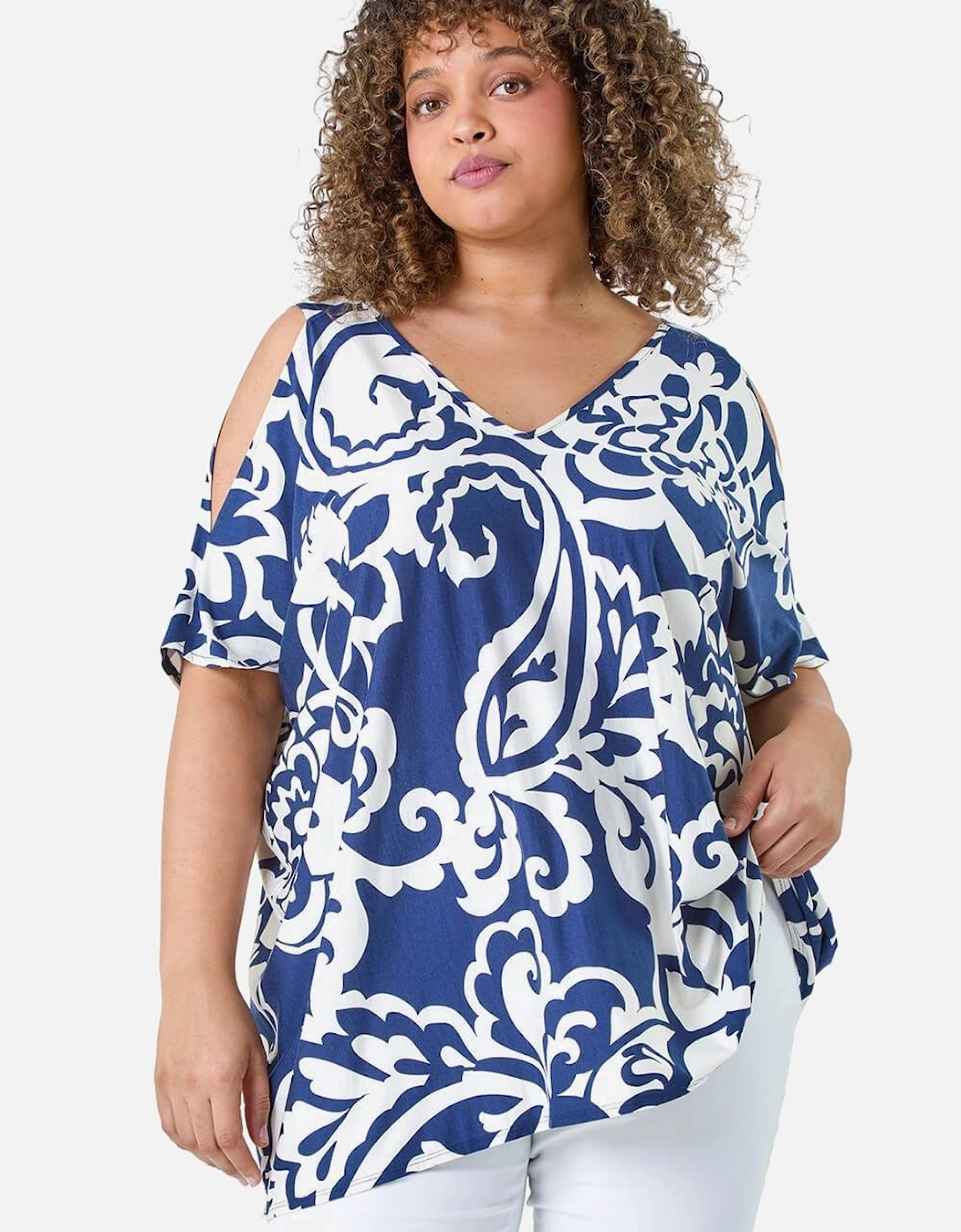 Curve Floral Print V-Neck Cold Shoulder Top, 2 of 1
