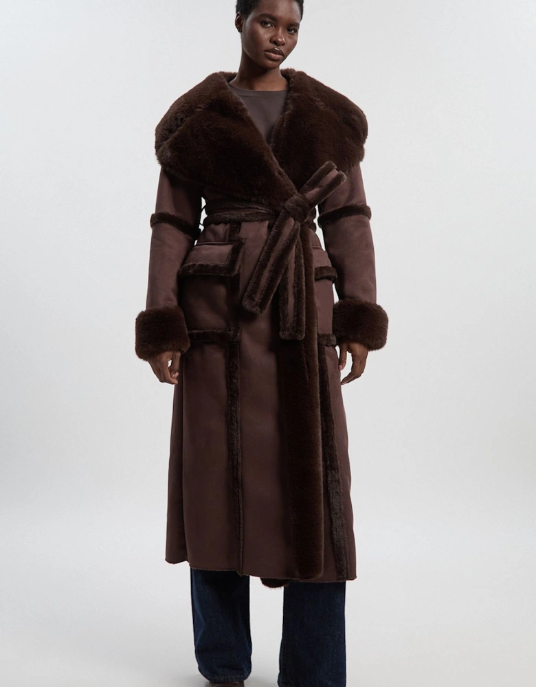 Faux Shearling Collar & Cuff Tie Belt Maxi Coat