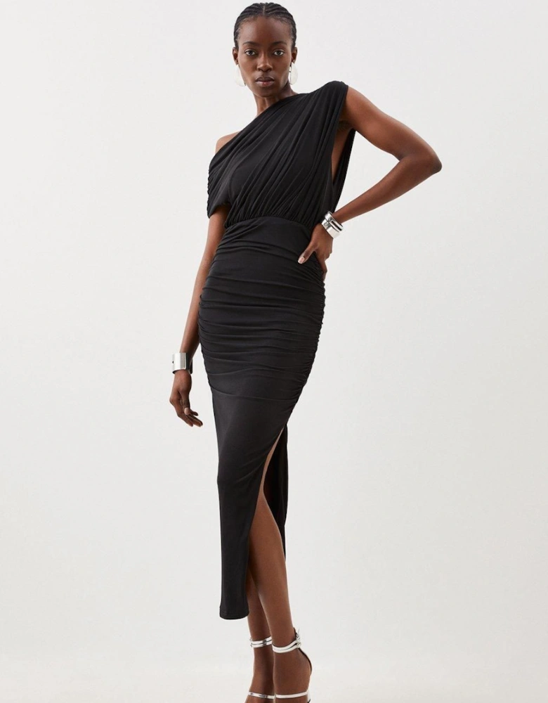Jersey Crepe Asymmetric Neckline Maxi Dress