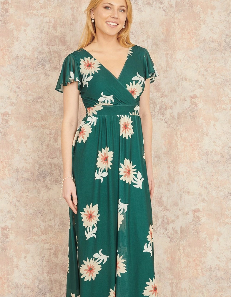 Green Mesh Flower Wrap Midi Dress With Pockets