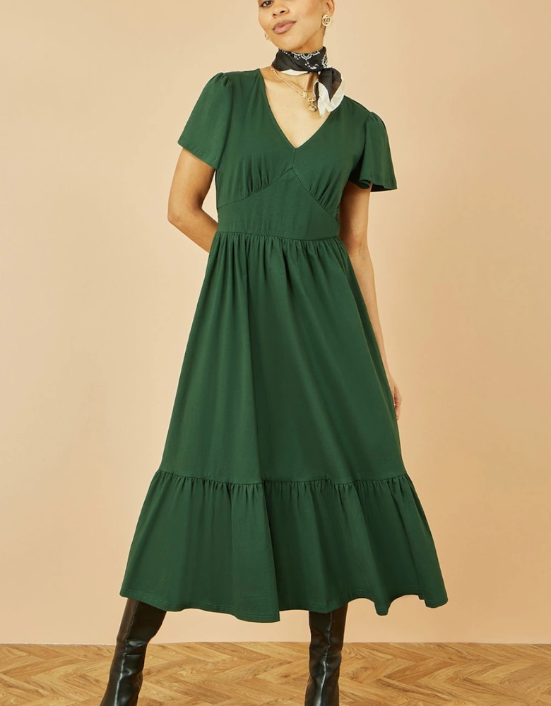 Green Cotton Jersey V Neck Midi Dress
