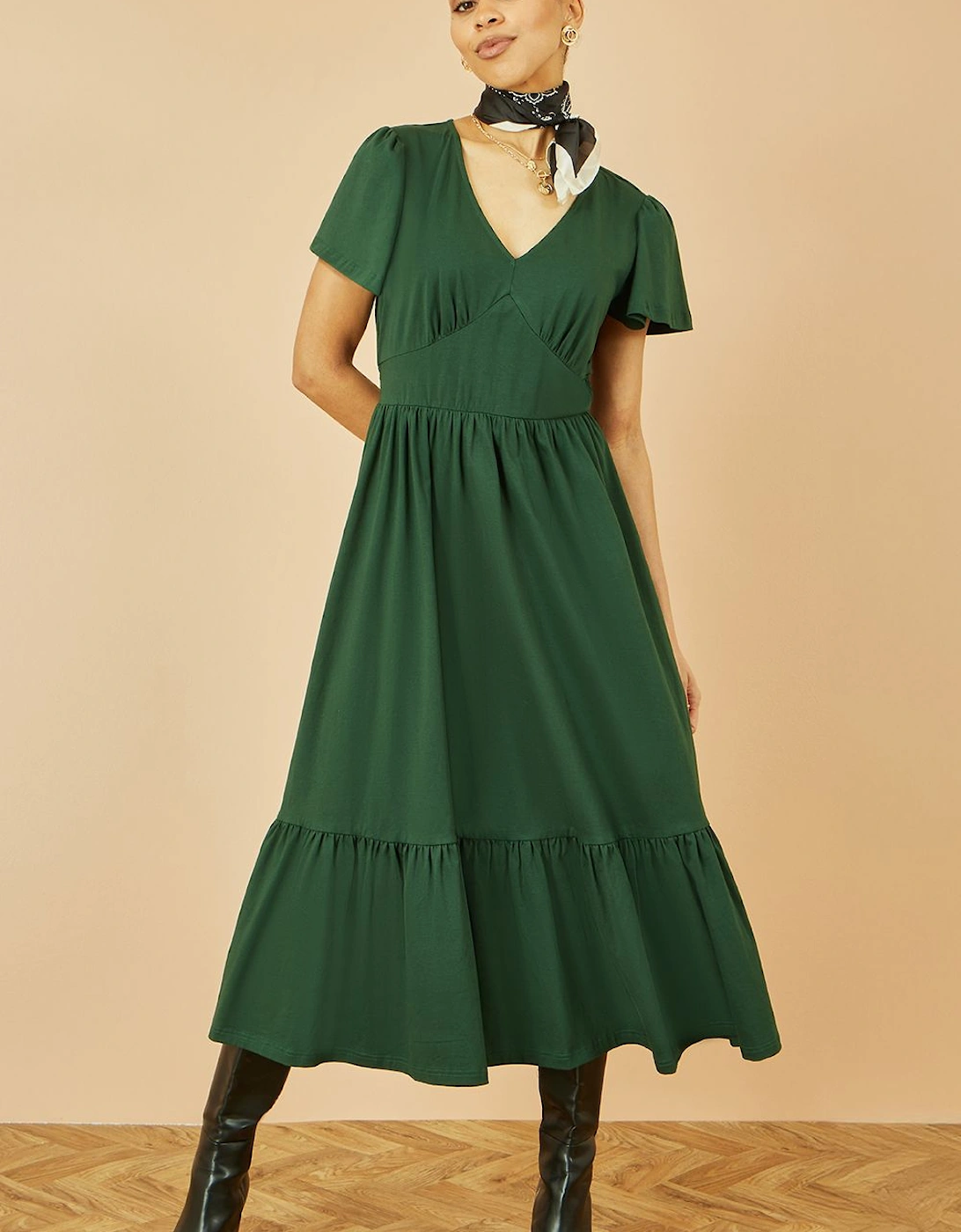 Green Cotton Jersey V Neck Midi Dress, 2 of 1