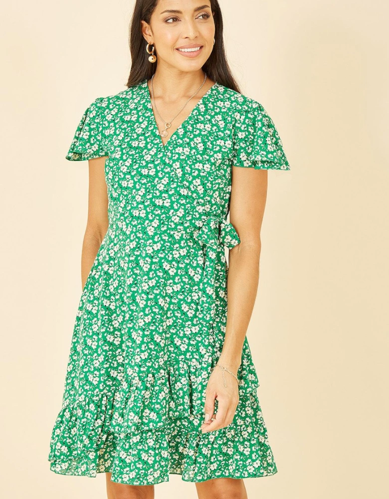 Green Ditsy Floral Wrap Frill Dress