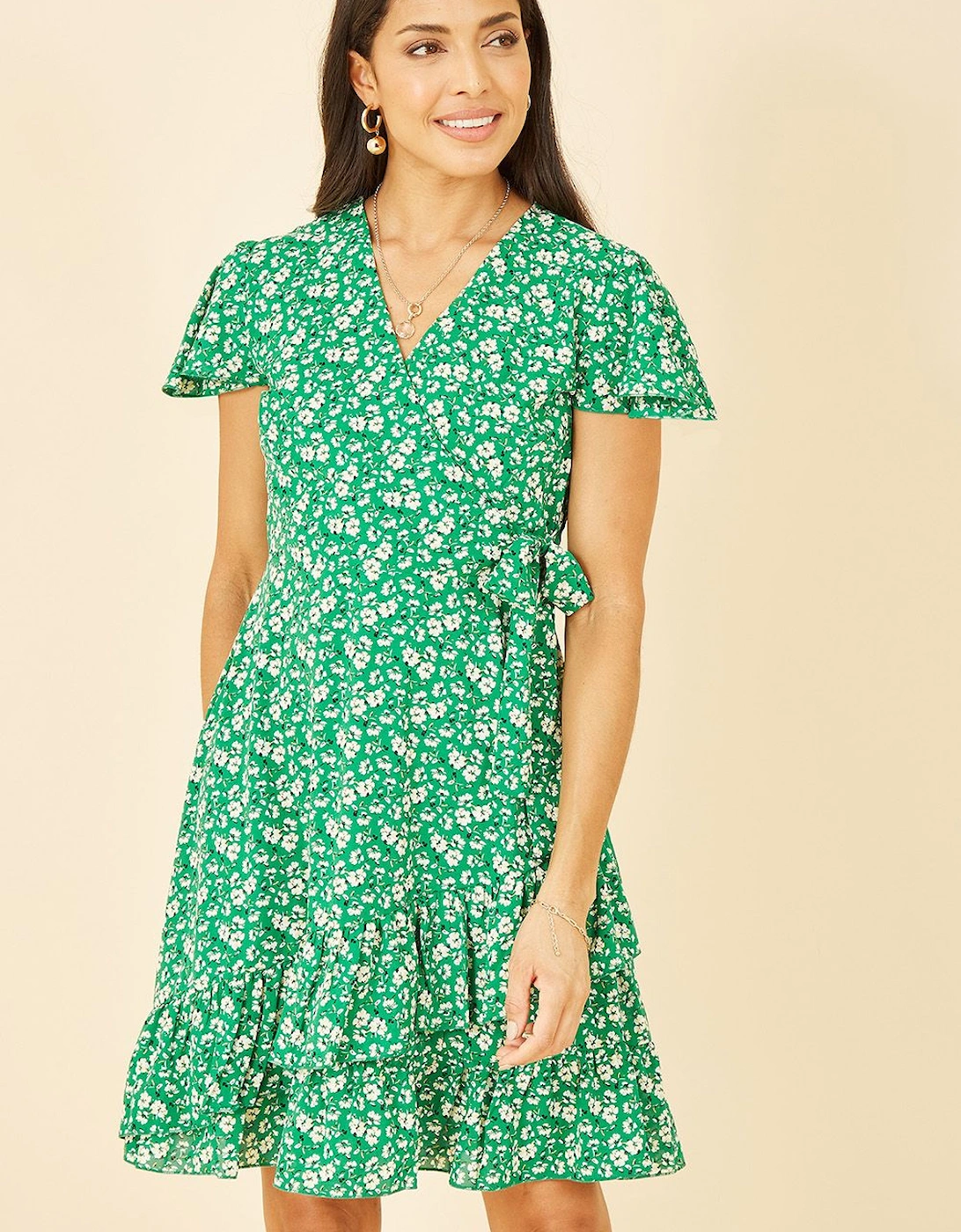 Green Ditsy Floral Wrap Frill Dress, 2 of 1