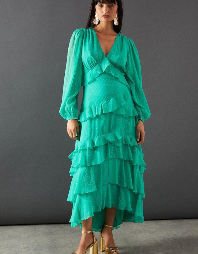 Dobby Chiffon Ruffle Midi Dress