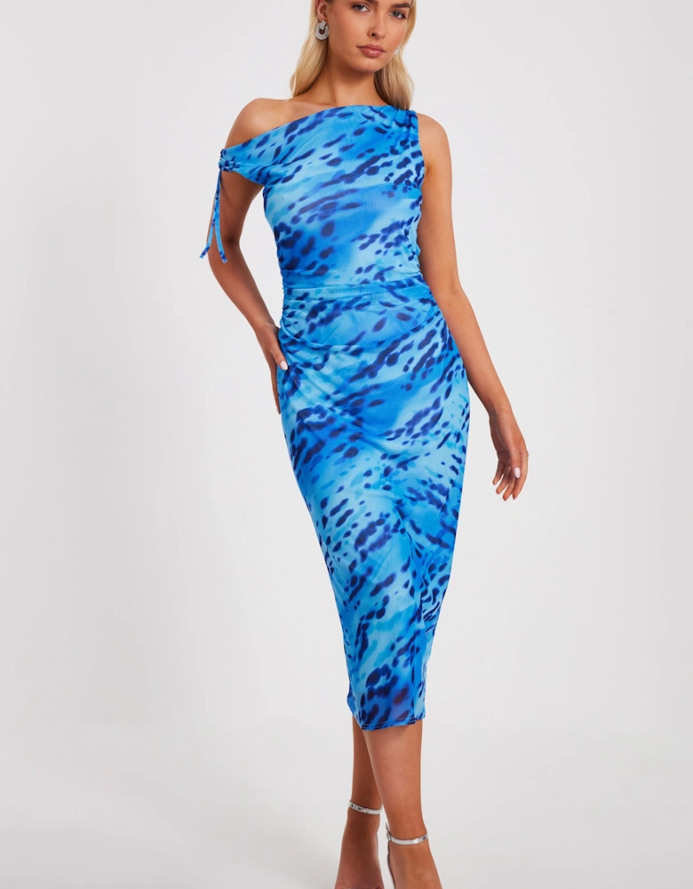 Blue Mesh Animal Print Midi Dress