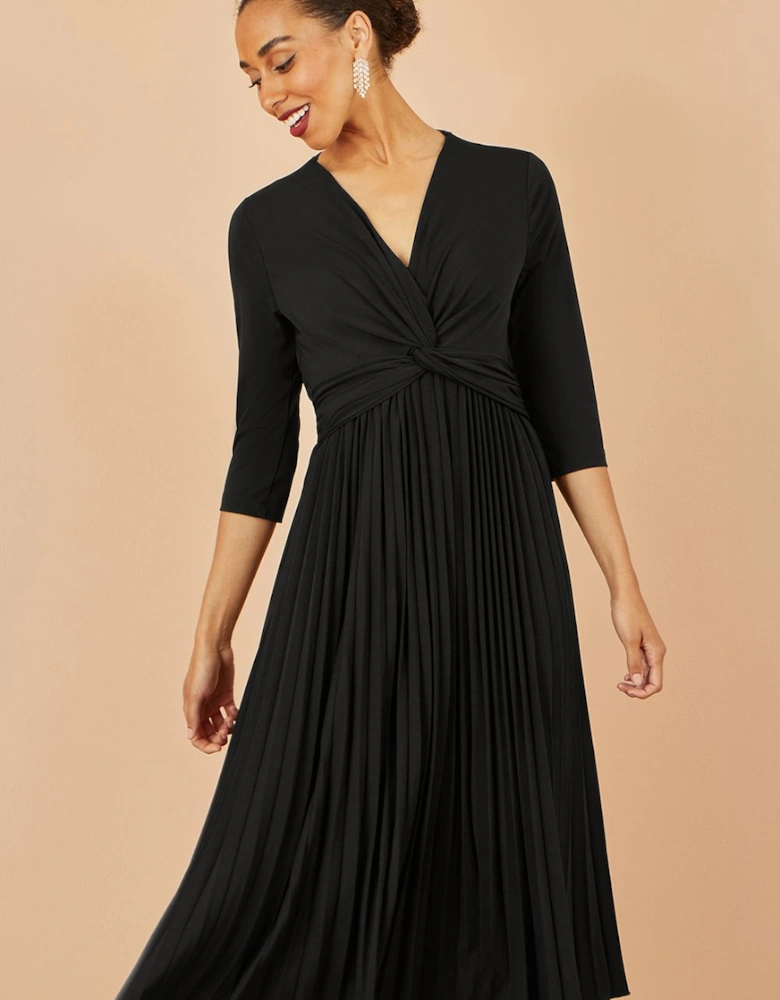Black Jersey Knot Waist Pleated Midi Dress