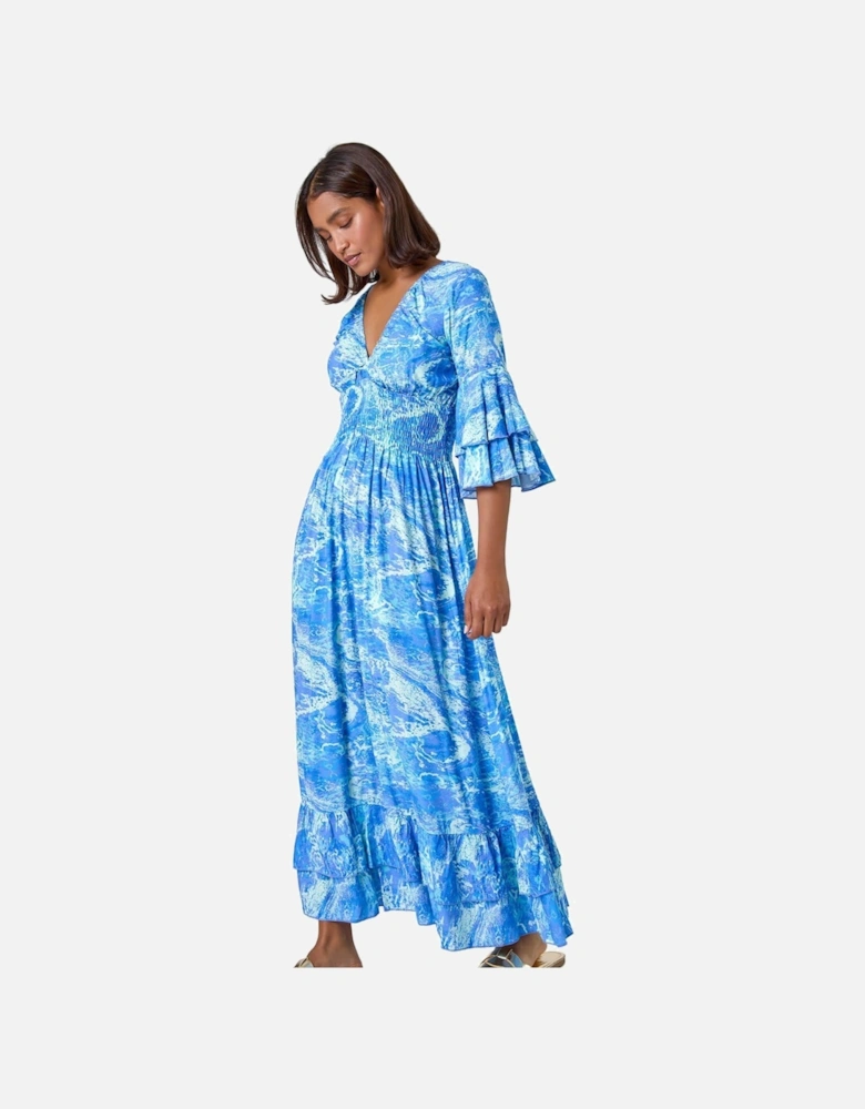 Abstract Ruffle Detail Shirred Maxi Dress