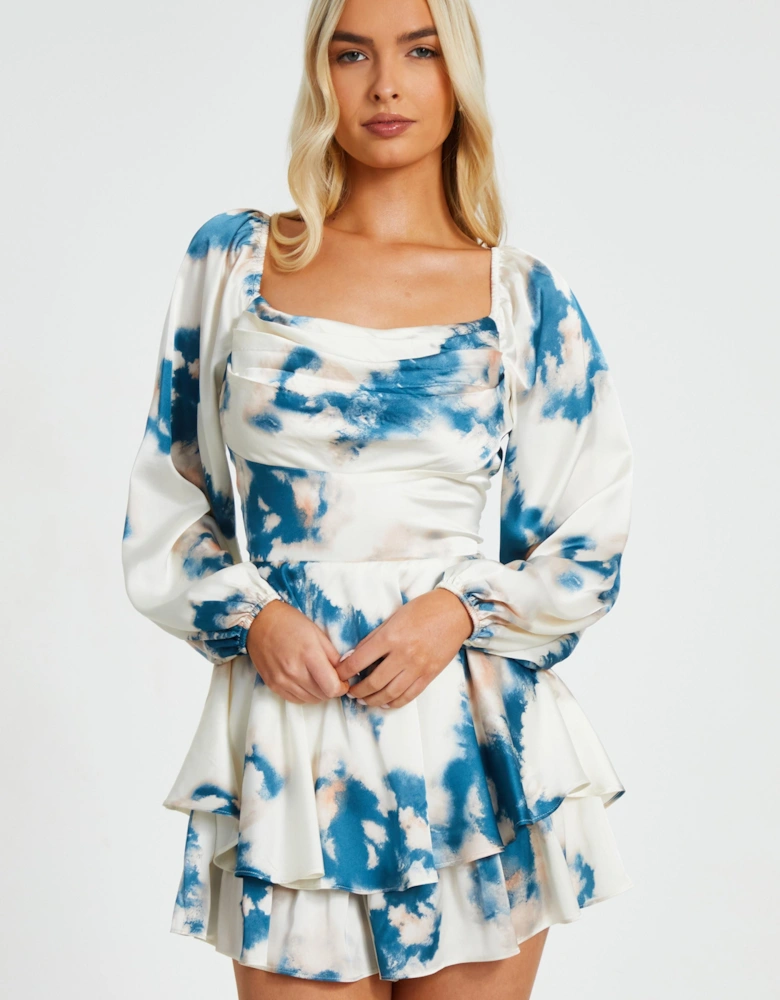 Teal Smudge Satin Playsuit