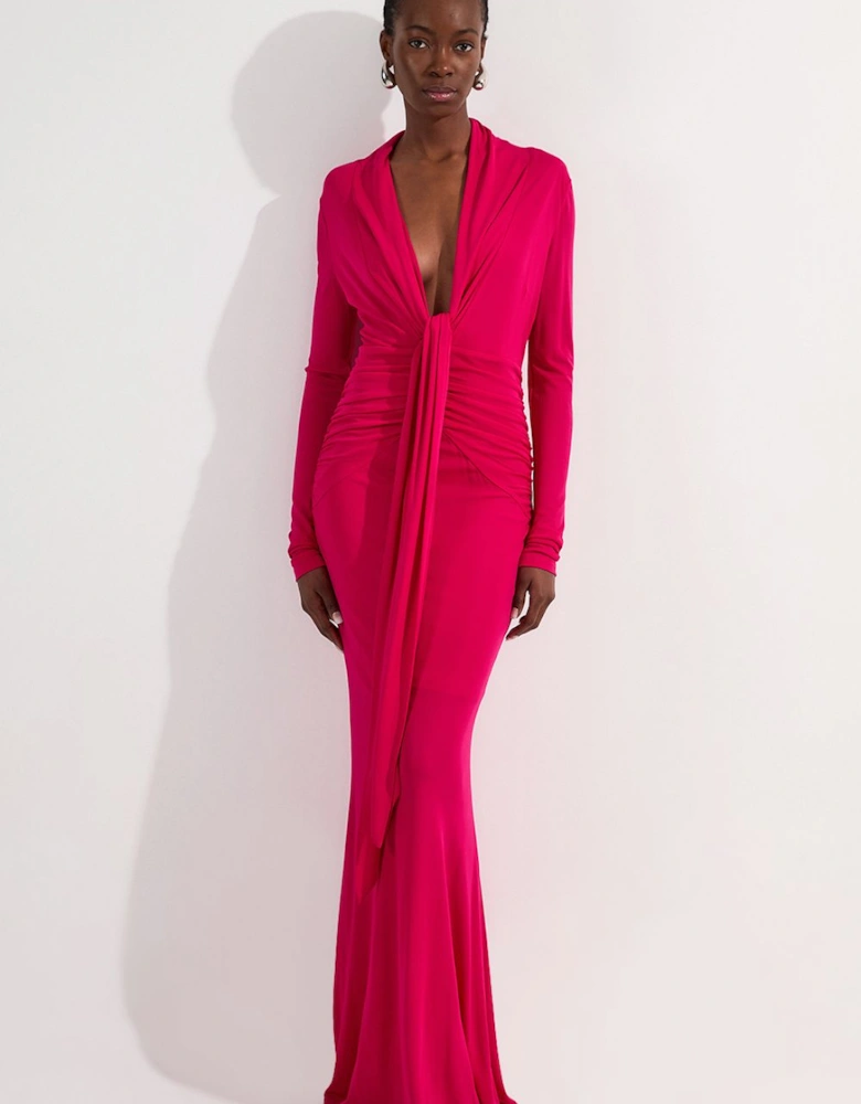 Premium Stretch Crepe Jersey Plunge Neck  Maxi Dress
