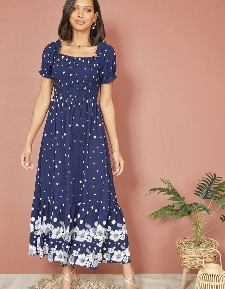 Navy Spot And Floral Print Border Ruched Midi Dress