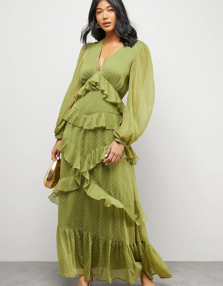 Chiffon Plunge Neck Ruffle Detail Volume Sleeve Maxi Dress