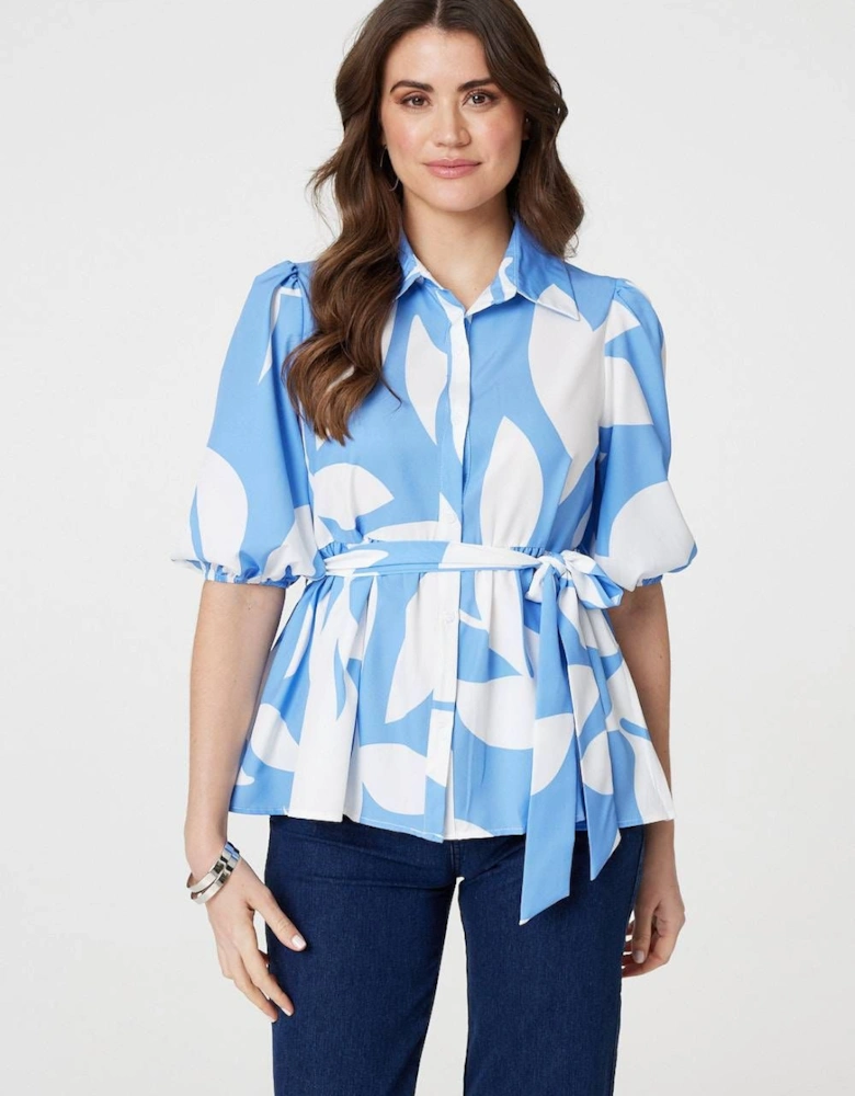 Abstract Puff Sleeve Tie Waist Blouse