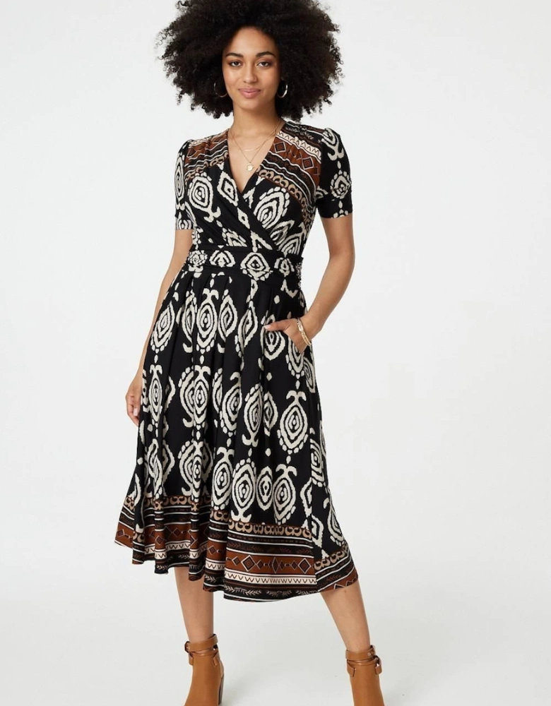 Printed 1/2 Sleeve Pleated Wrap Dress