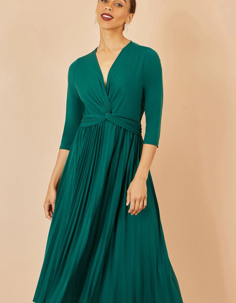 Green Jersey Knot Waist Pleated Midi Dress