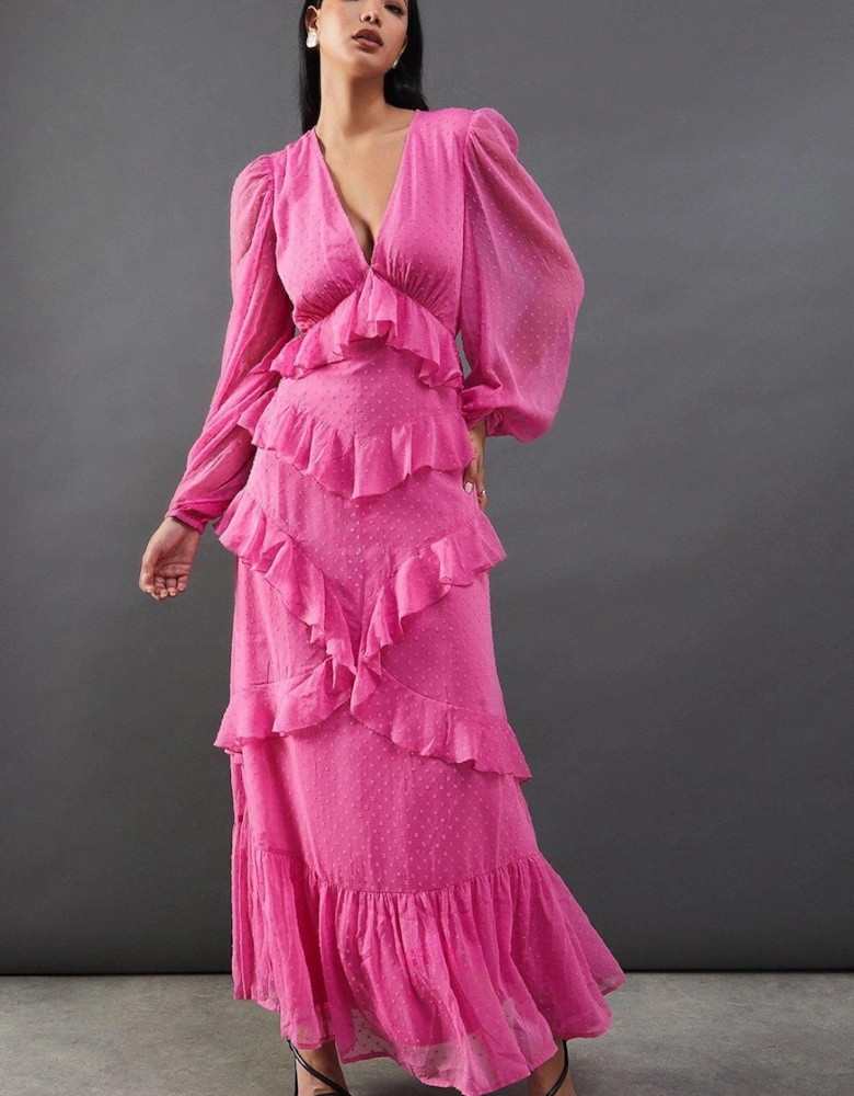 Chiffon Plunge Neck Ruffle Detail Volume Sleeve Maxi Dress