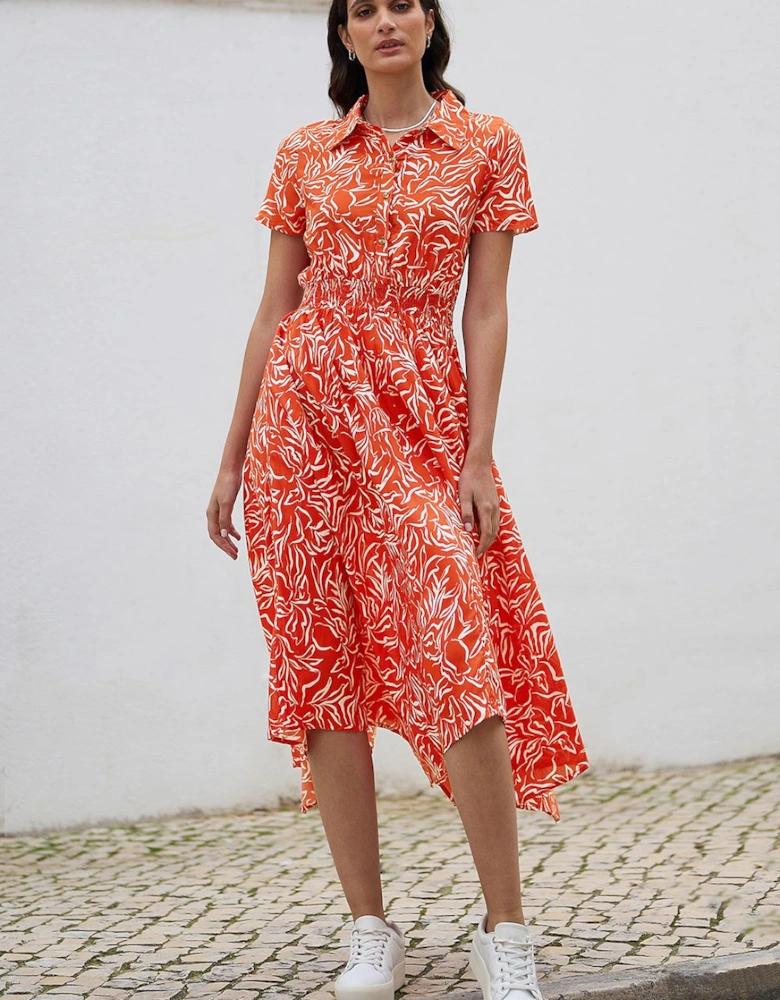Coral Tropical Leaf print Midi Ruched Shirt Dress