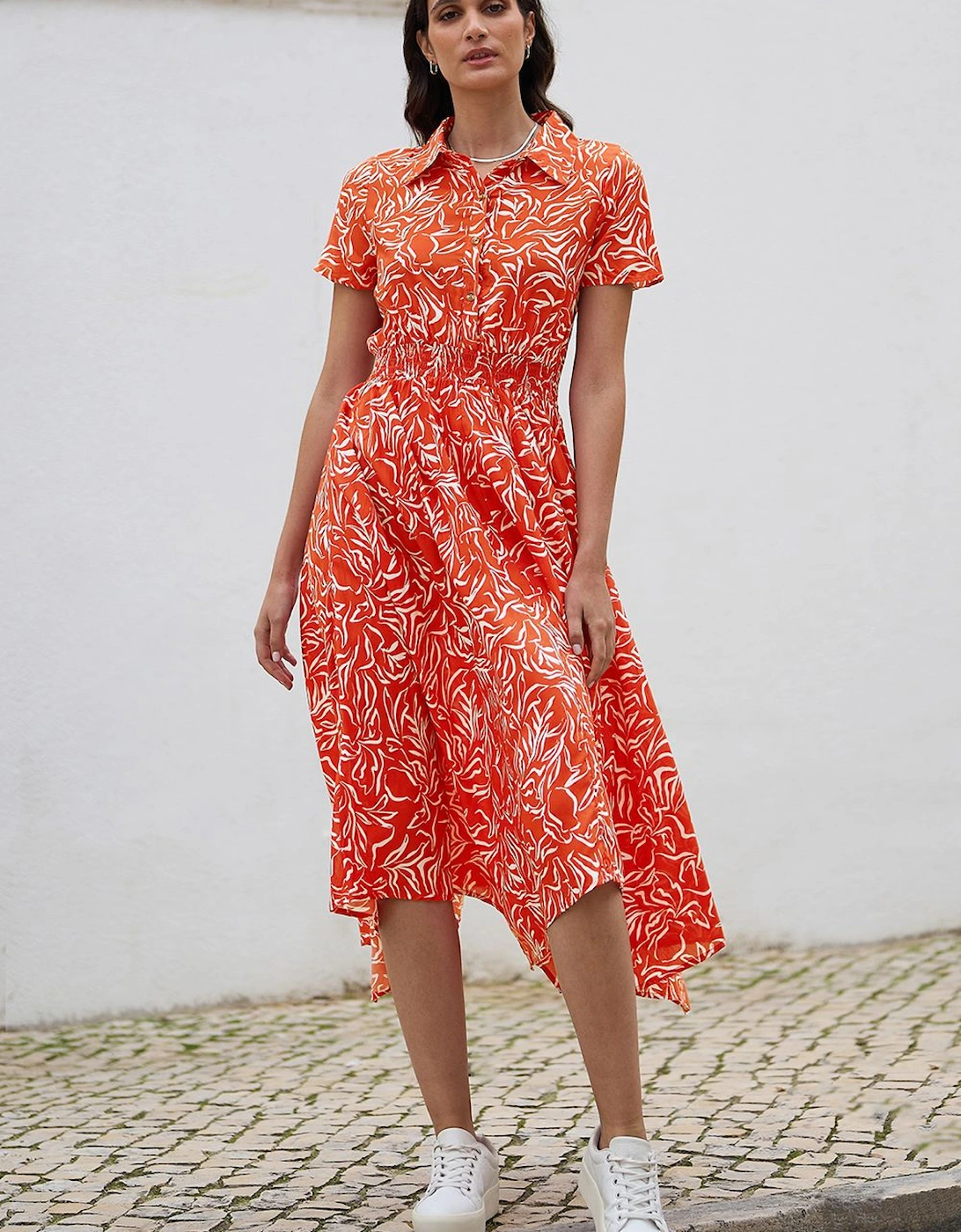 Coral Tropical Leaf print Midi Ruched Shirt Dress, 2 of 1