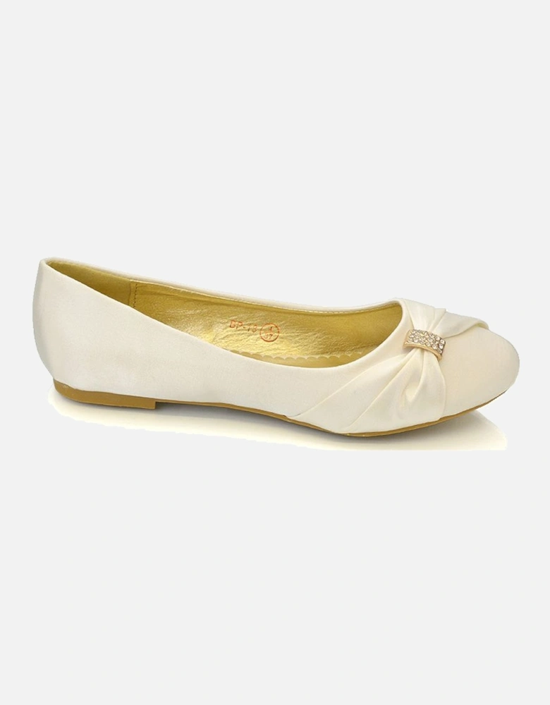 'Gabriela' Flat Ruched Diamante Sparkly Brooch Classic Wedding Bridal Ballerina Pumps