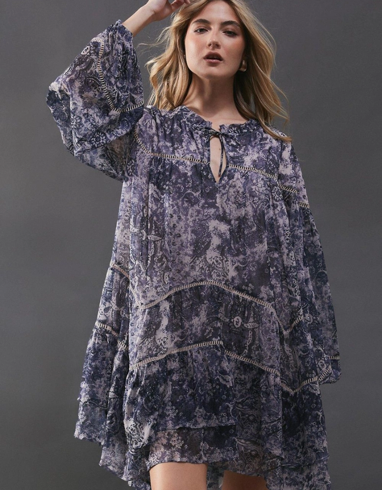 Chiffon Faded Paisley Ladder Insert Ruffle Smock Mini Dress