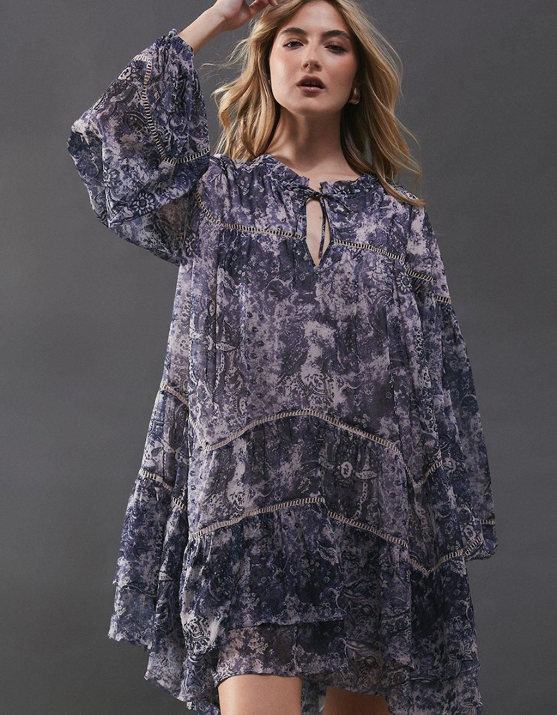 Chiffon Faded Paisley Ladder Insert Ruffle Smock Mini Dress, 2 of 1