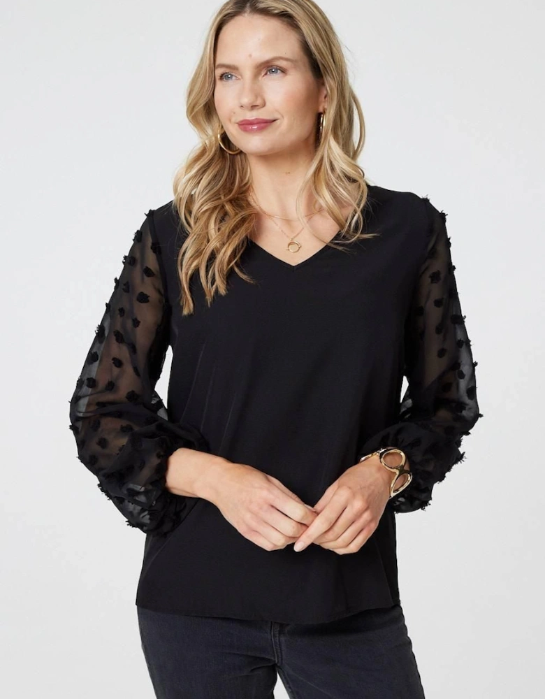 Polka Dot Semi Sheer V-Neck Blouse