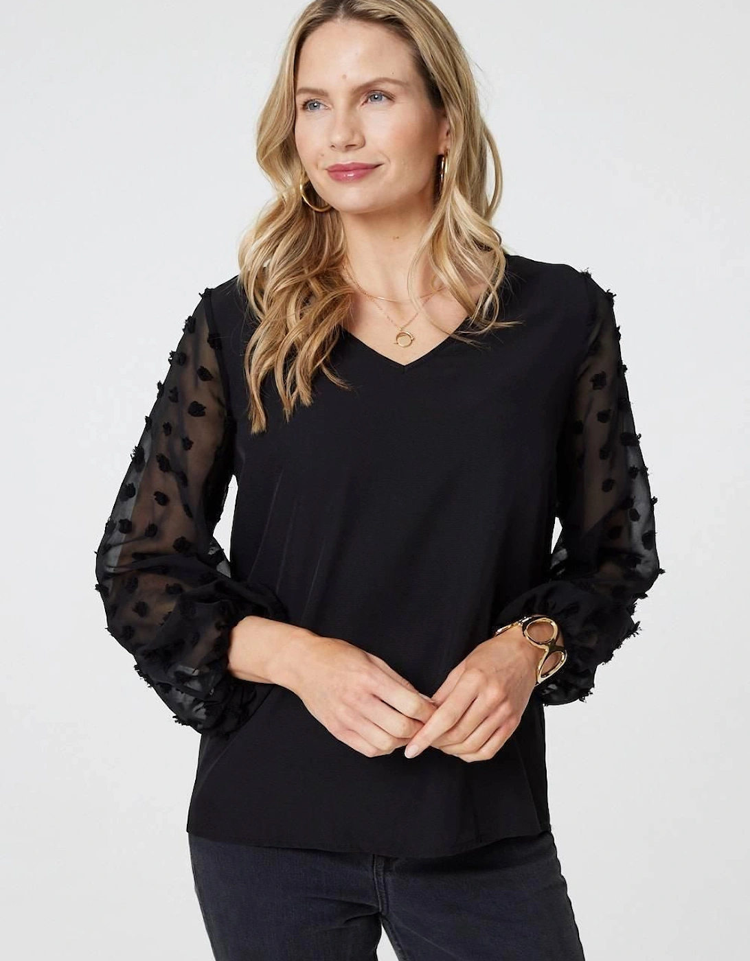 Polka Dot Semi Sheer V-Neck Blouse, 2 of 1
