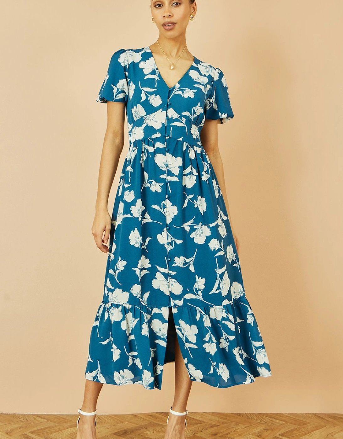 Teal Floral Button Down Floral Midi Dress, 2 of 1