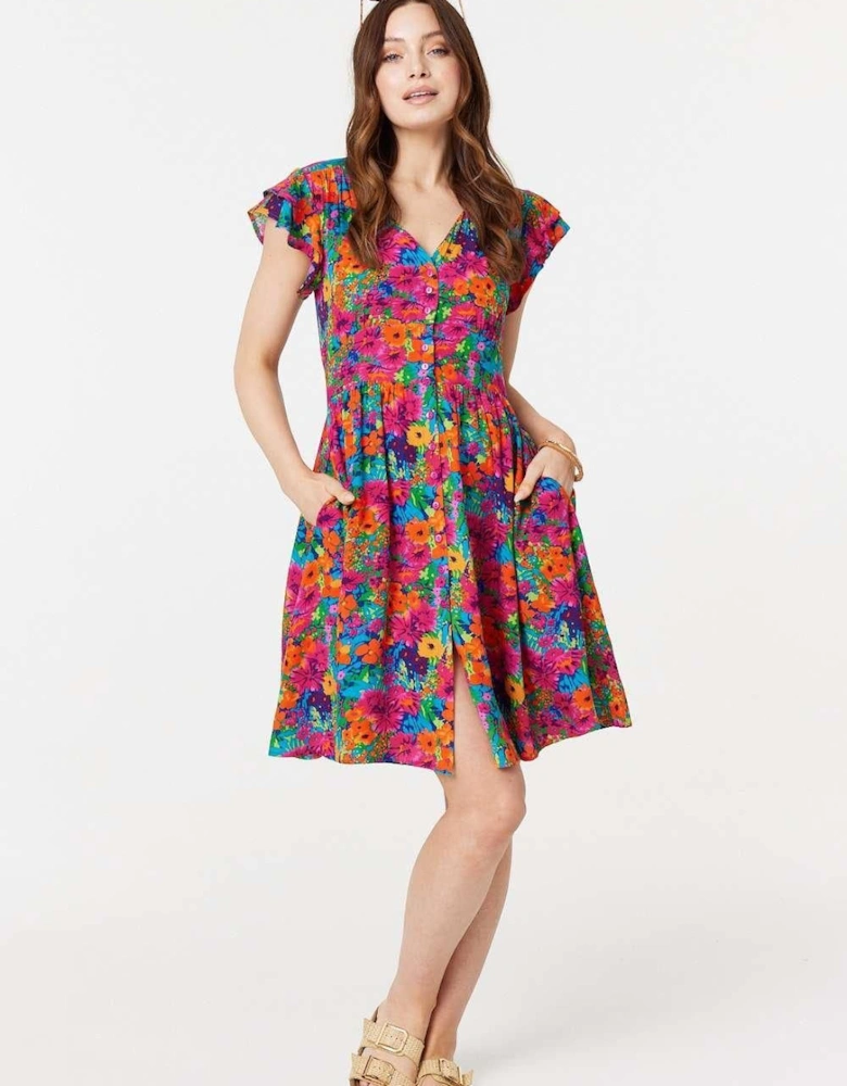 Floral V-Neck Frilled Sleeve Short Dress