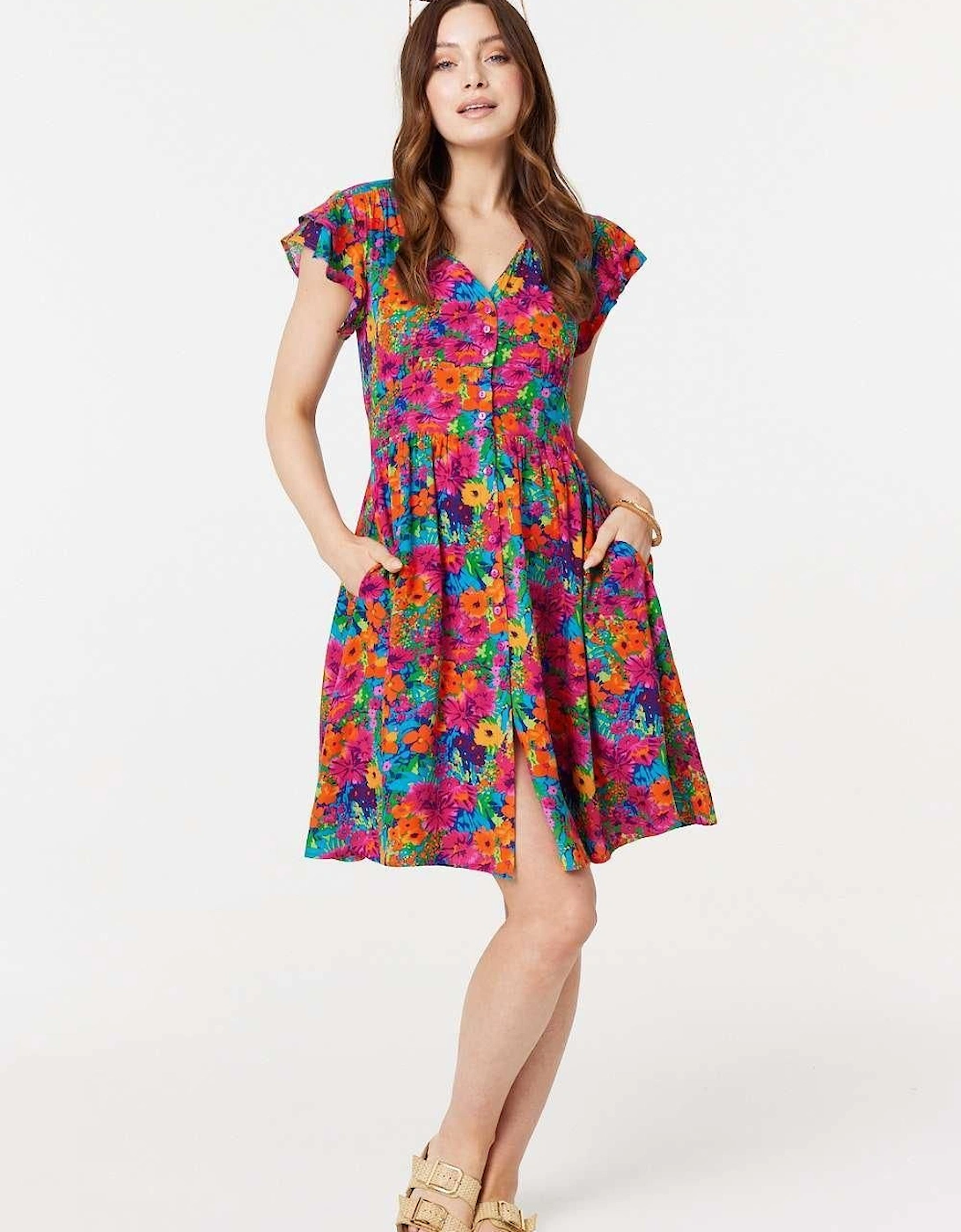 Floral V-Neck Frilled Sleeve Short Dress, 2 of 1