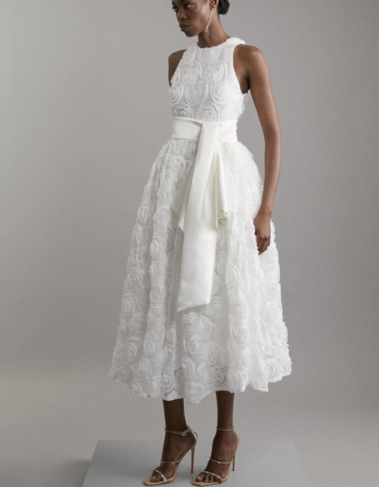 Romantic Rosette Texture Woven Prom Midi Dress