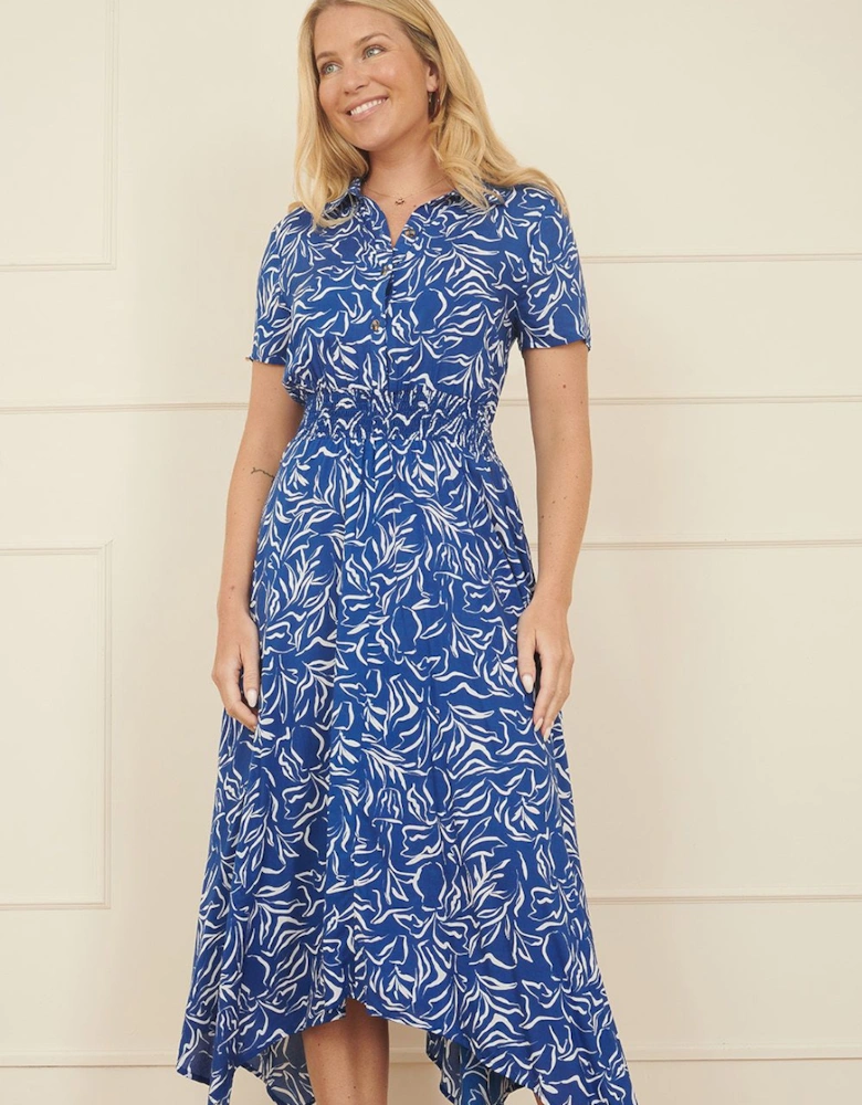 Blue Leaf Print Dip Hem Midi Shirt Dress