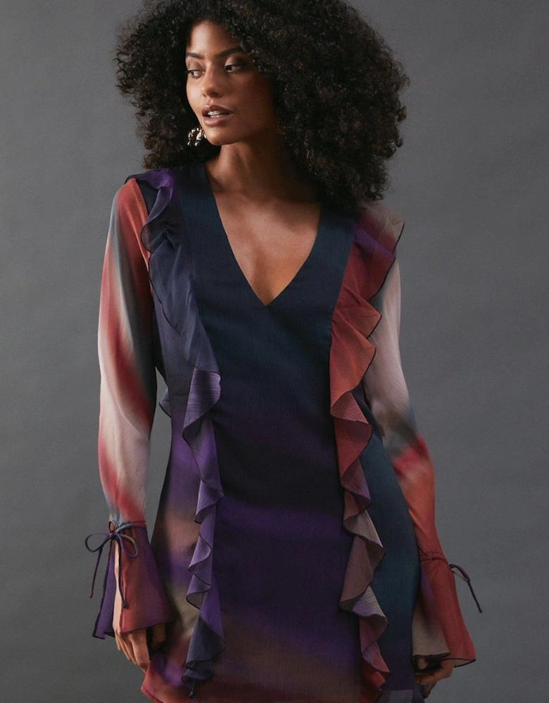 Chiffon Ombre Ruffle Detail Tie Sleeve Mini Dress