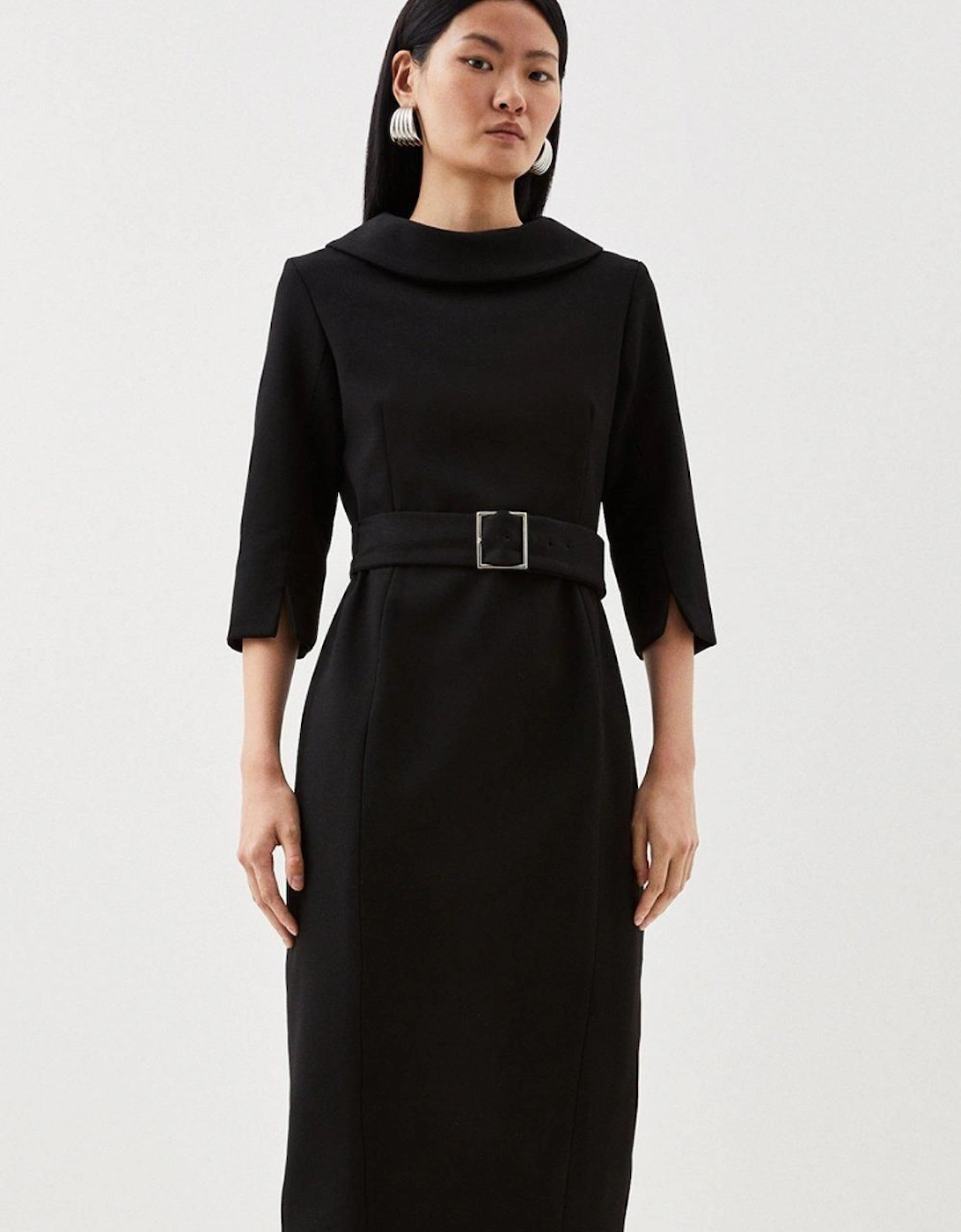 Tailored Structured Crepe Roll Neck Pencil Midi Dress, 2 of 1