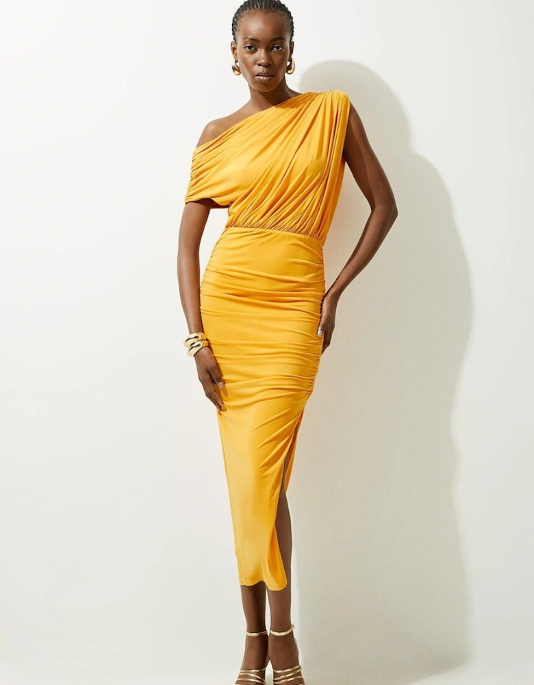 Jersey Crepe Asymmetric Neckline Maxi Dress