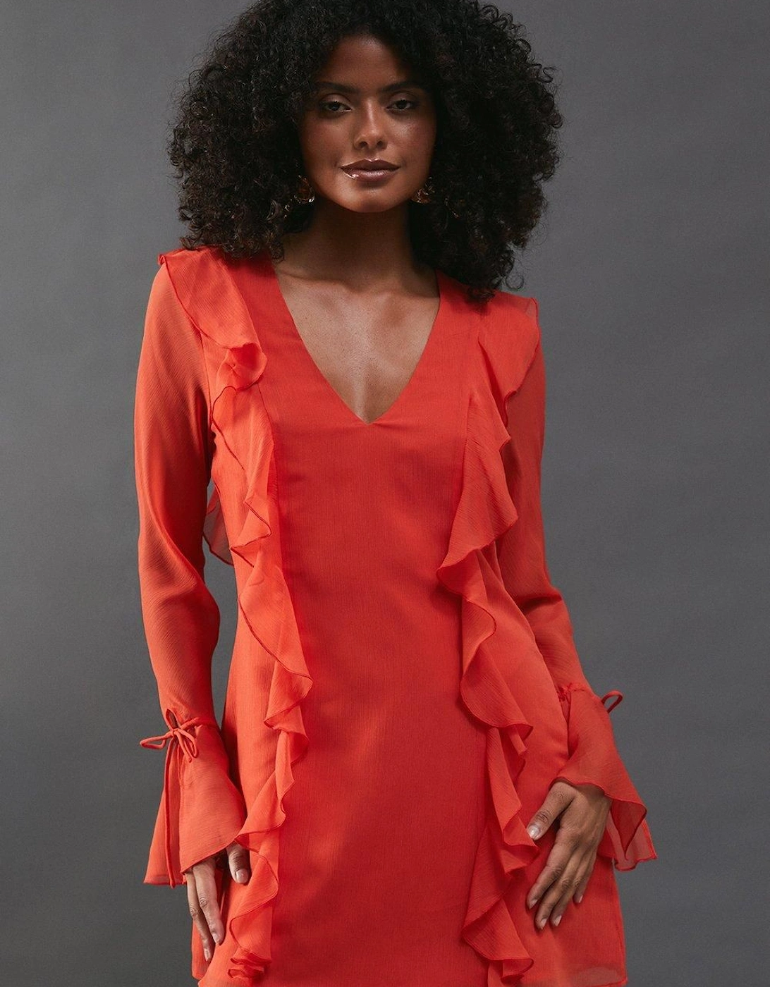 Chiffon Ruffle Detail Tie Sleeve Mini Dress, 2 of 1