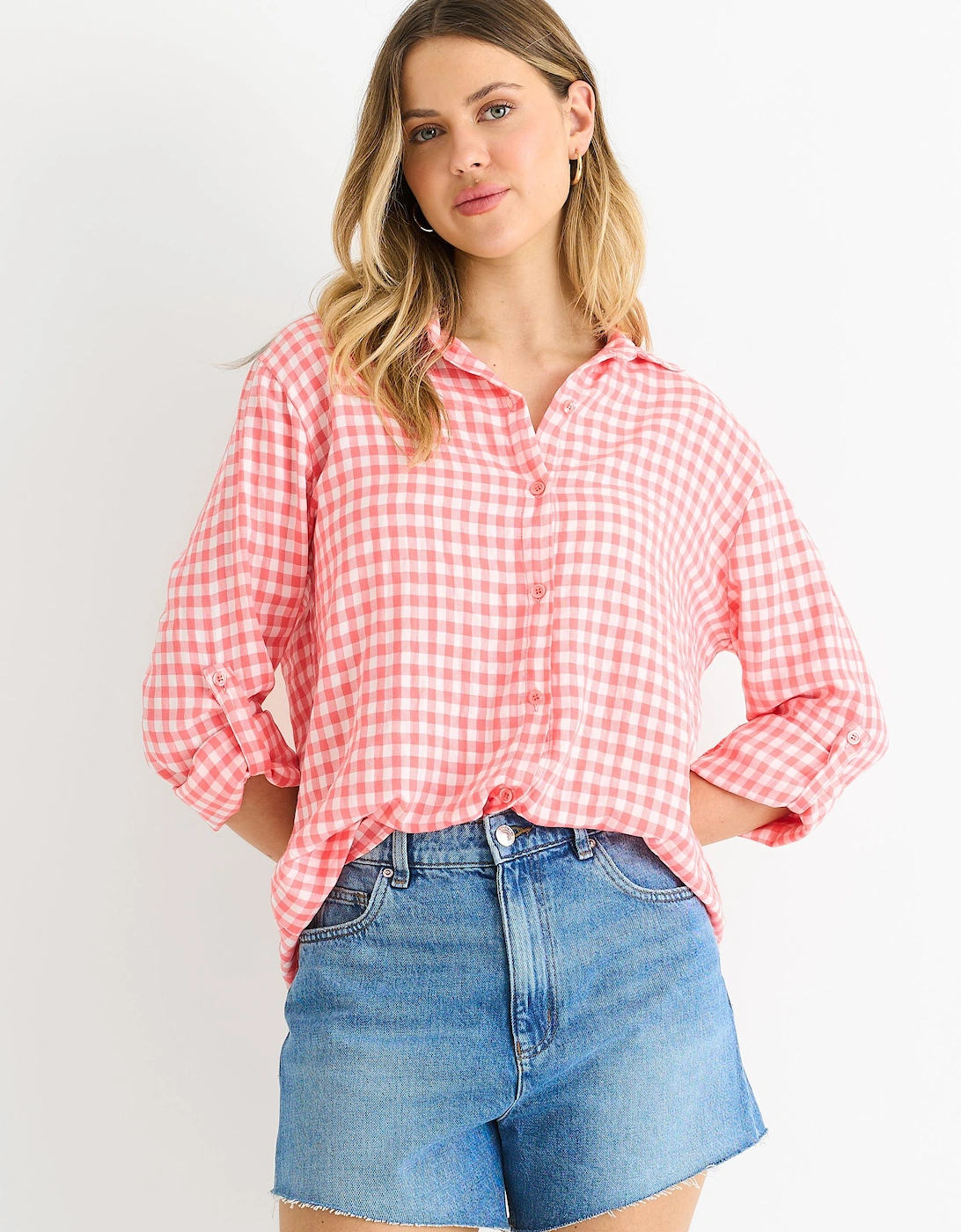 Coral Cotton Gingham Roll Up Sleeves Oversized Tie Top, 2 of 1