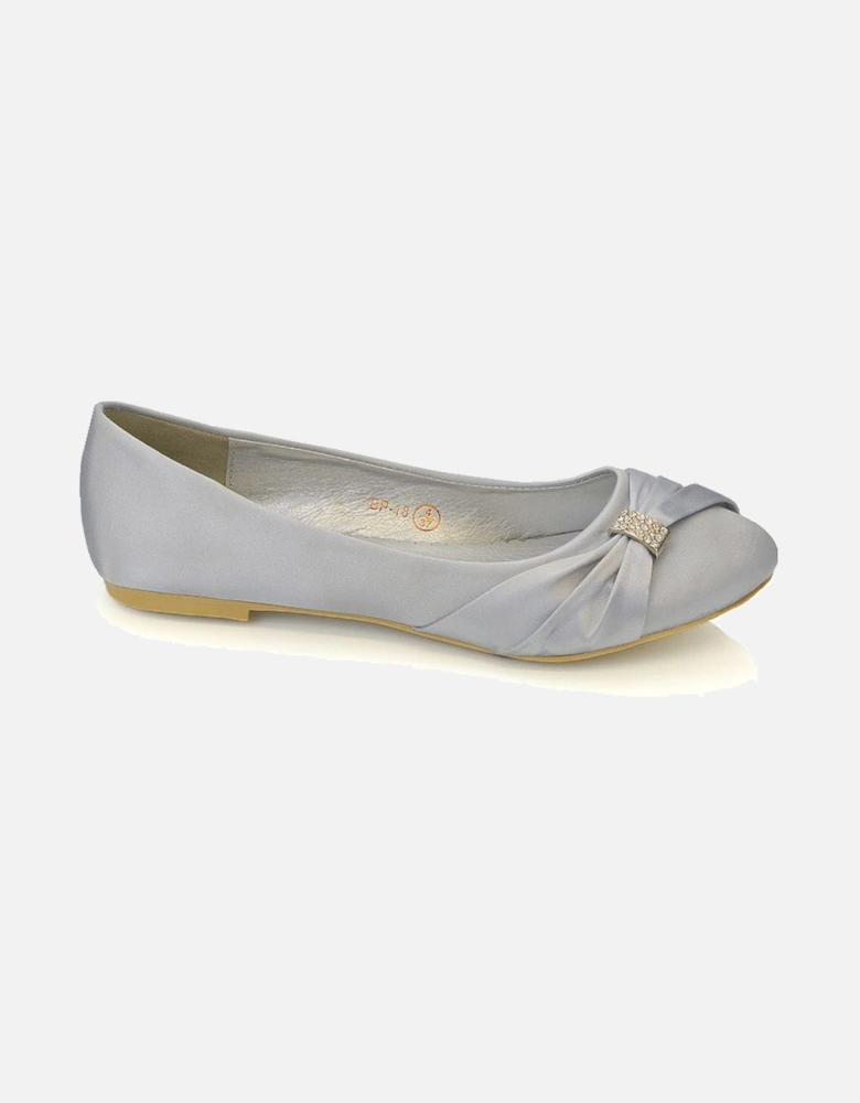 'Gabriela' Flat Ruched Diamante Sparkly Brooch Classic Wedding Bridal Ballerina Pumps