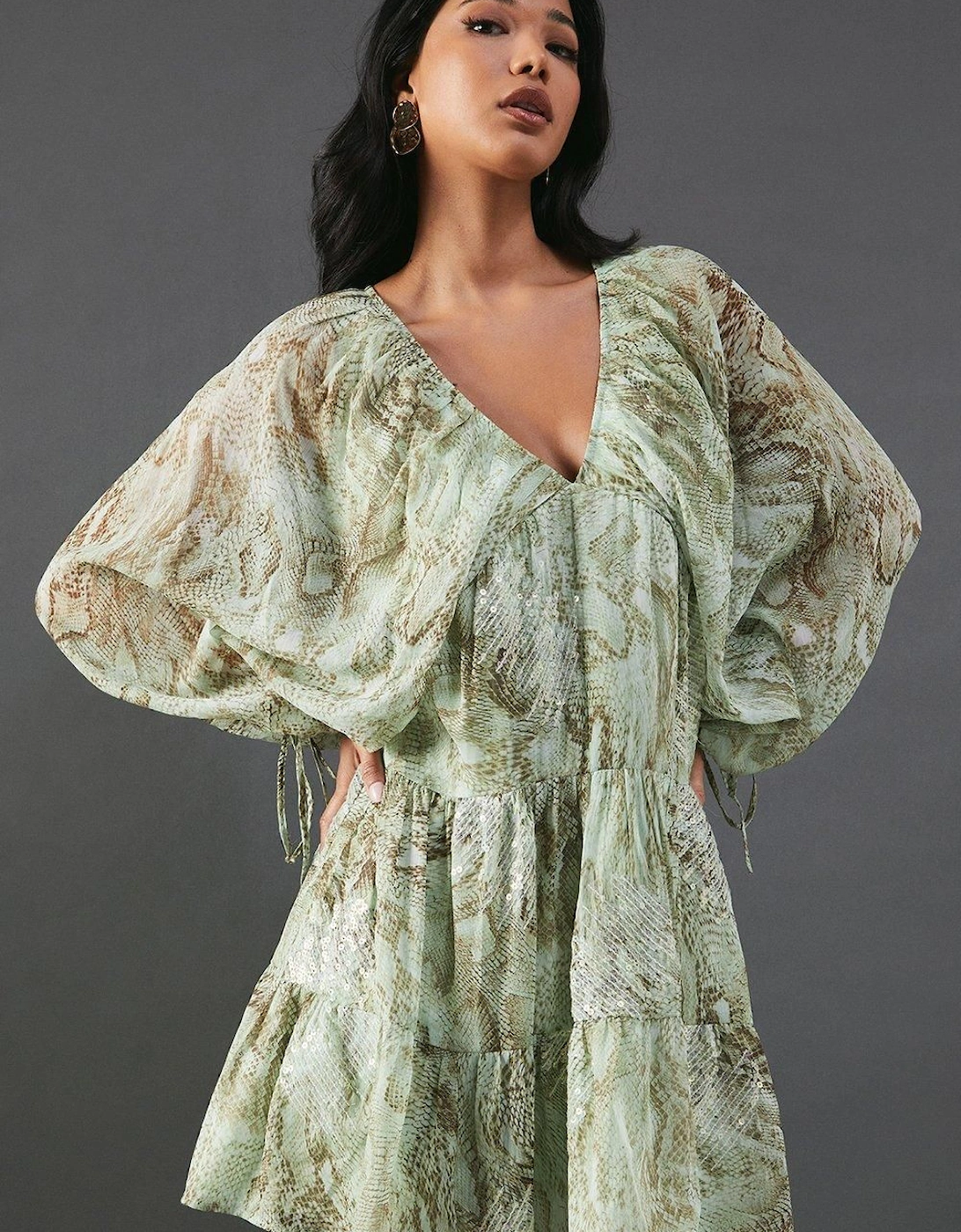 Sequin Snake Embellished Volume Sleeve Mini Smock Dress, 2 of 1