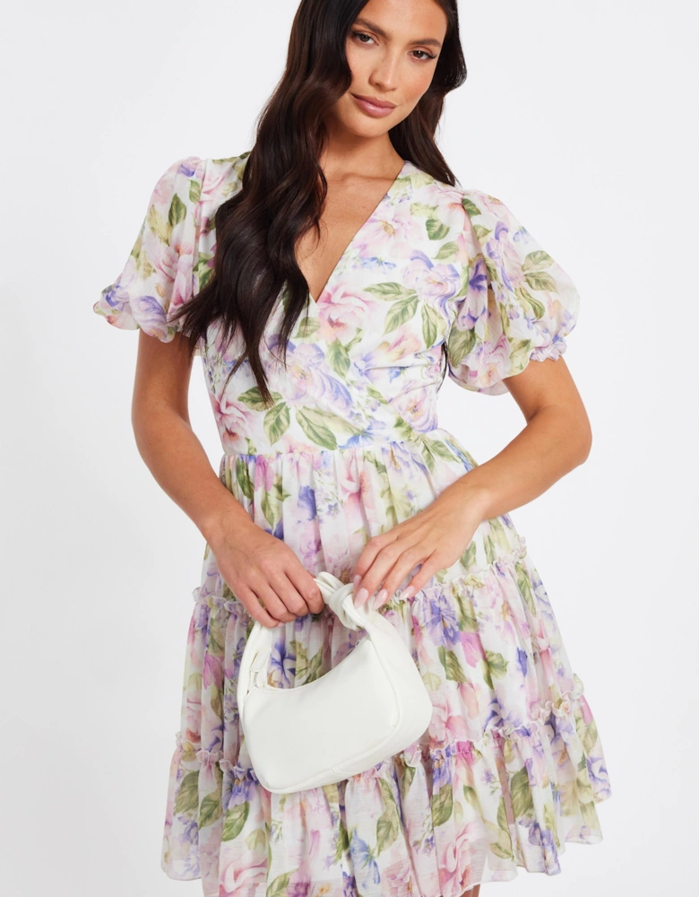 Multi Floral Chiffon Frill Mini Dress