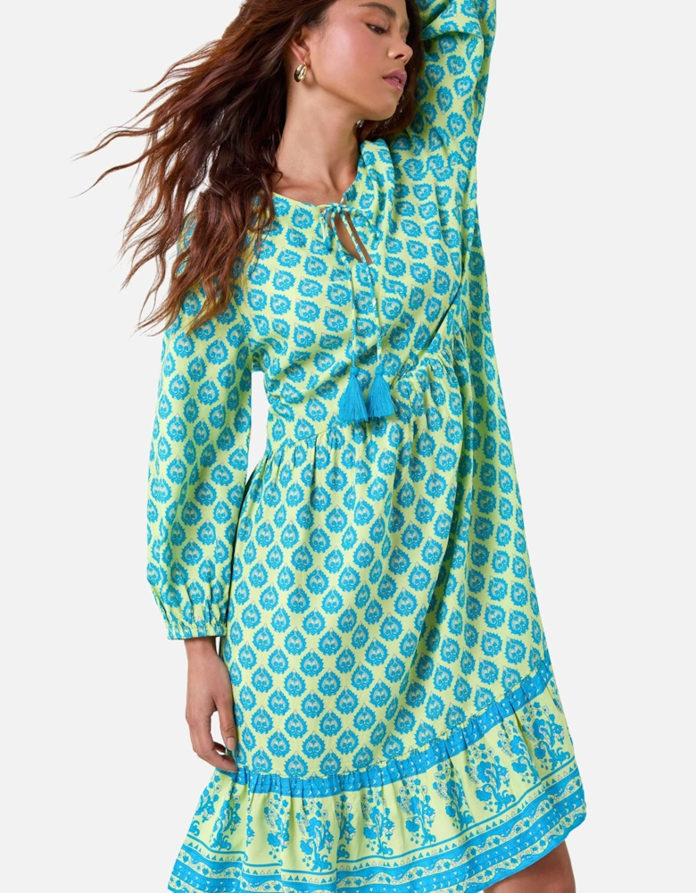 Petite Border Print Tassel Smock Dress