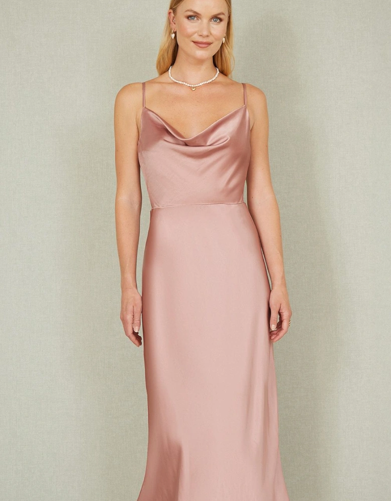 Rose Pink Satin Cowl Neck Midi Dress