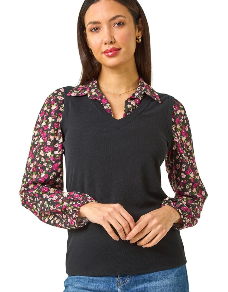 Floral Print Sweater Vest Long Sleeve Top