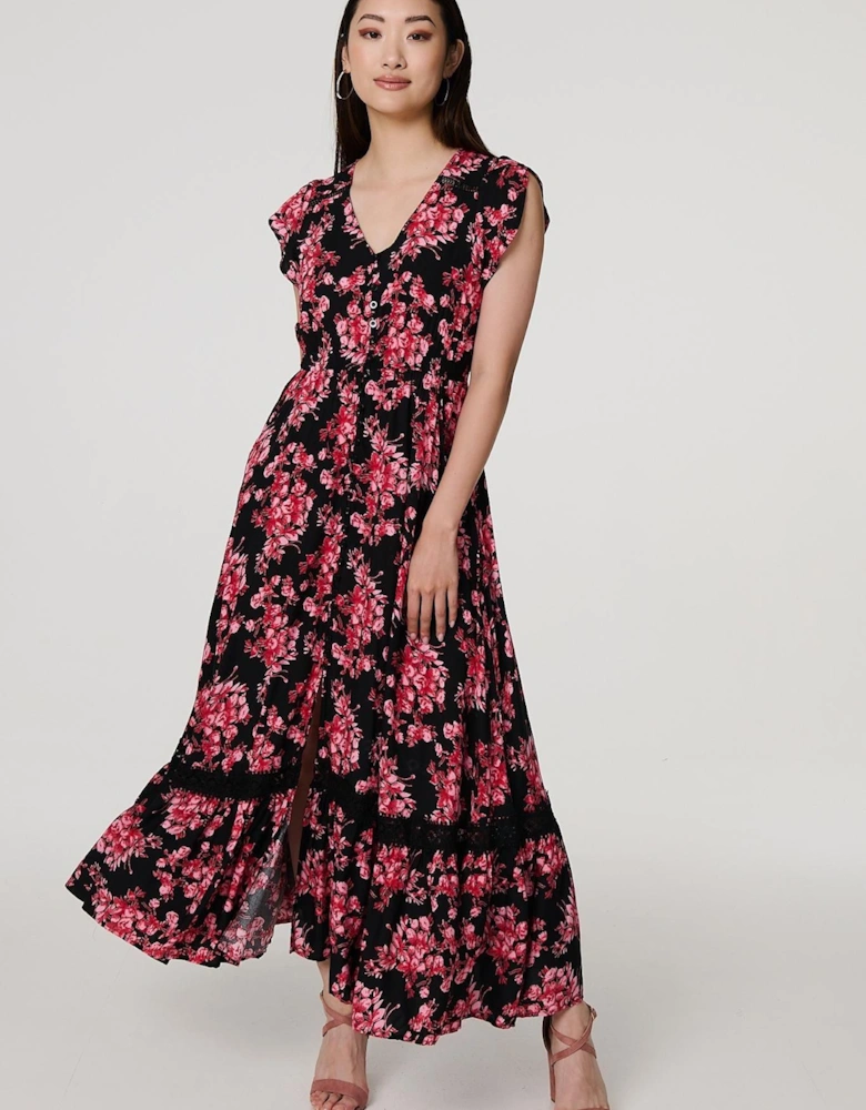 Floral Cap Sleeve Tiered Maxi Dress