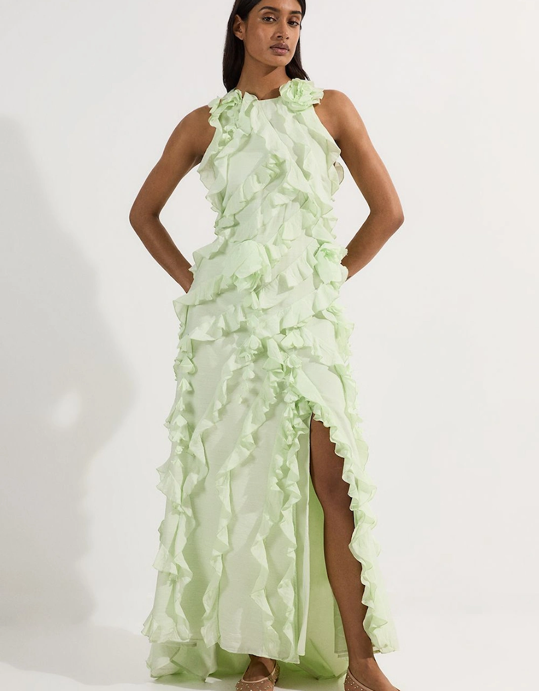 Ruffle & Applique Racer Front Viscose Woven Maxi Dress, 2 of 1