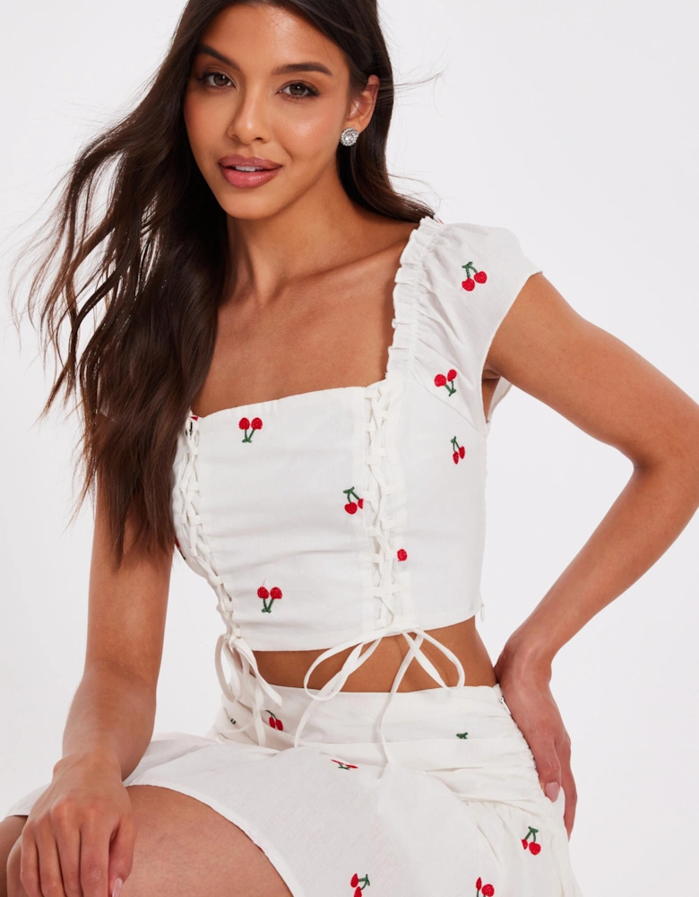 White Cherry Print Crop Top