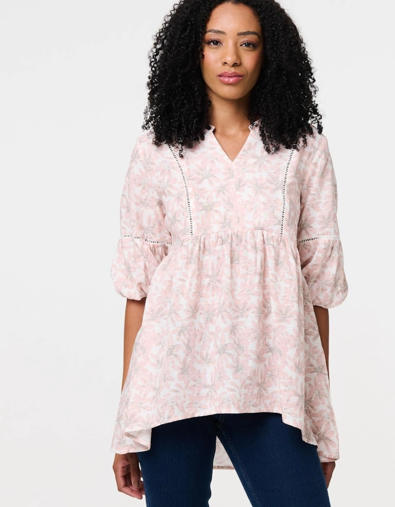 Floral Curve Hem 3/4 Puff Sleeve Blouse