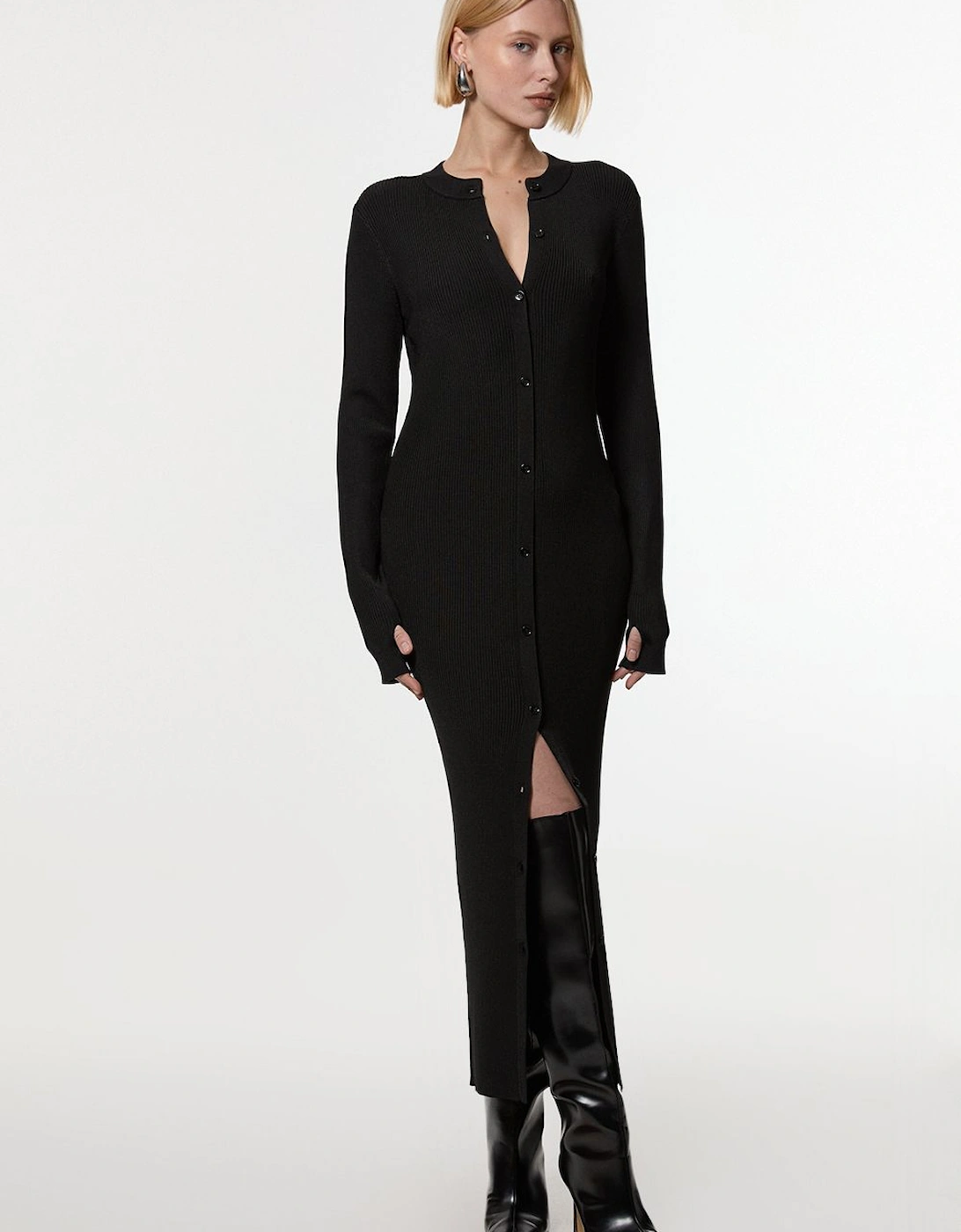 Premium Slinky Ribbed Knit Button Through Maxi Dress, 2 of 1