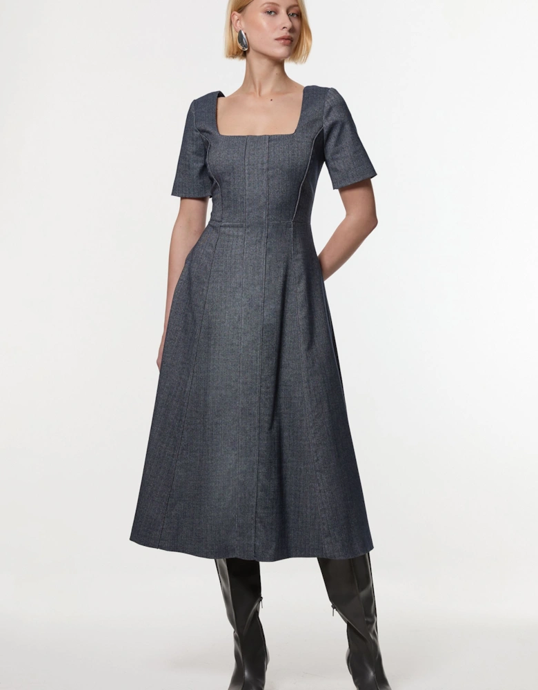 Herringbone Full Skirt Tailored Midi Dress